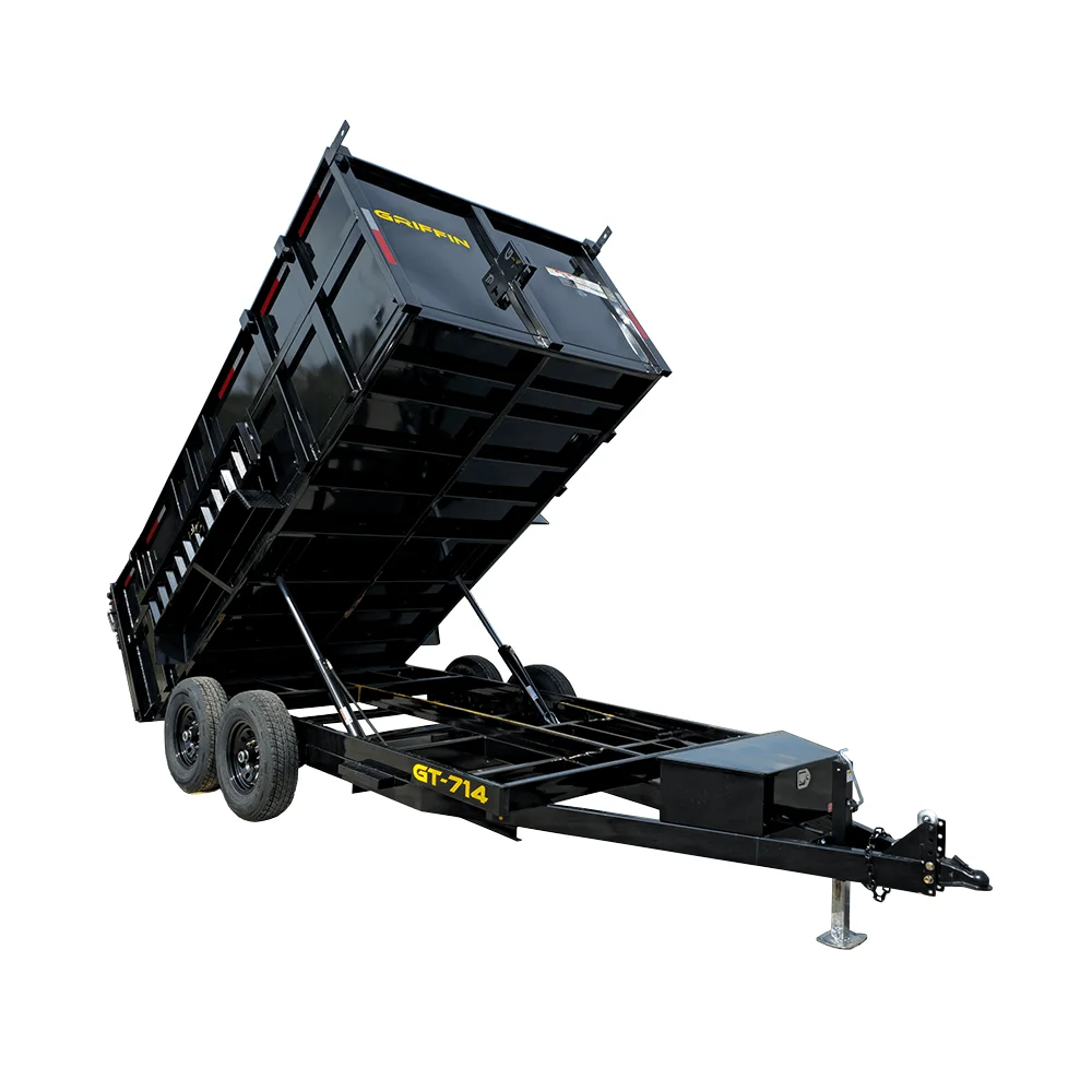 Black hydraulic dump trailer loaded and ready for same-day junk removal